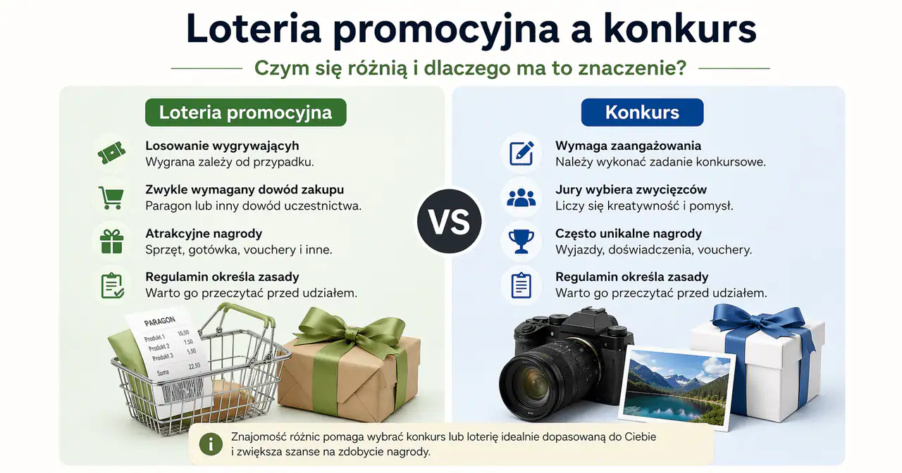Loteria promocyjna a konkurs – różnice, zasady i przykłady